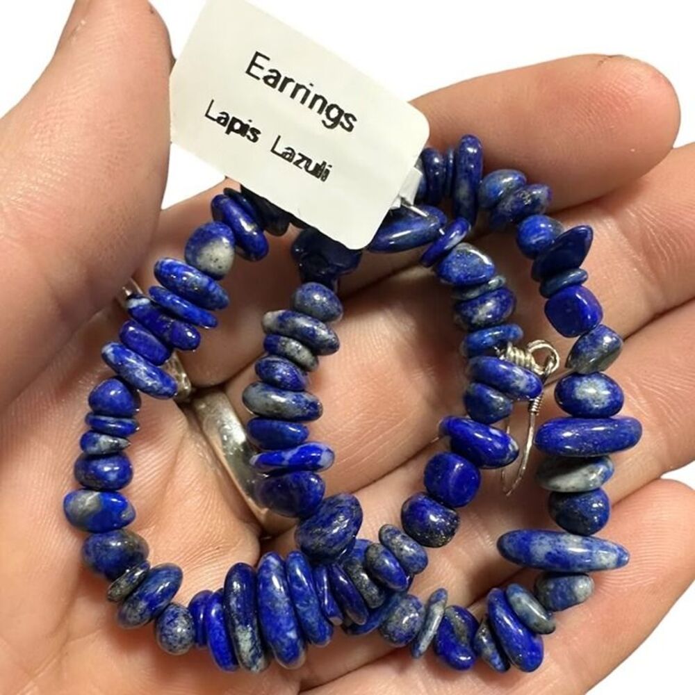 New Natural Blue Lapis Lazuli Stone Hoop Earrings .925 Sterling Silver Hook